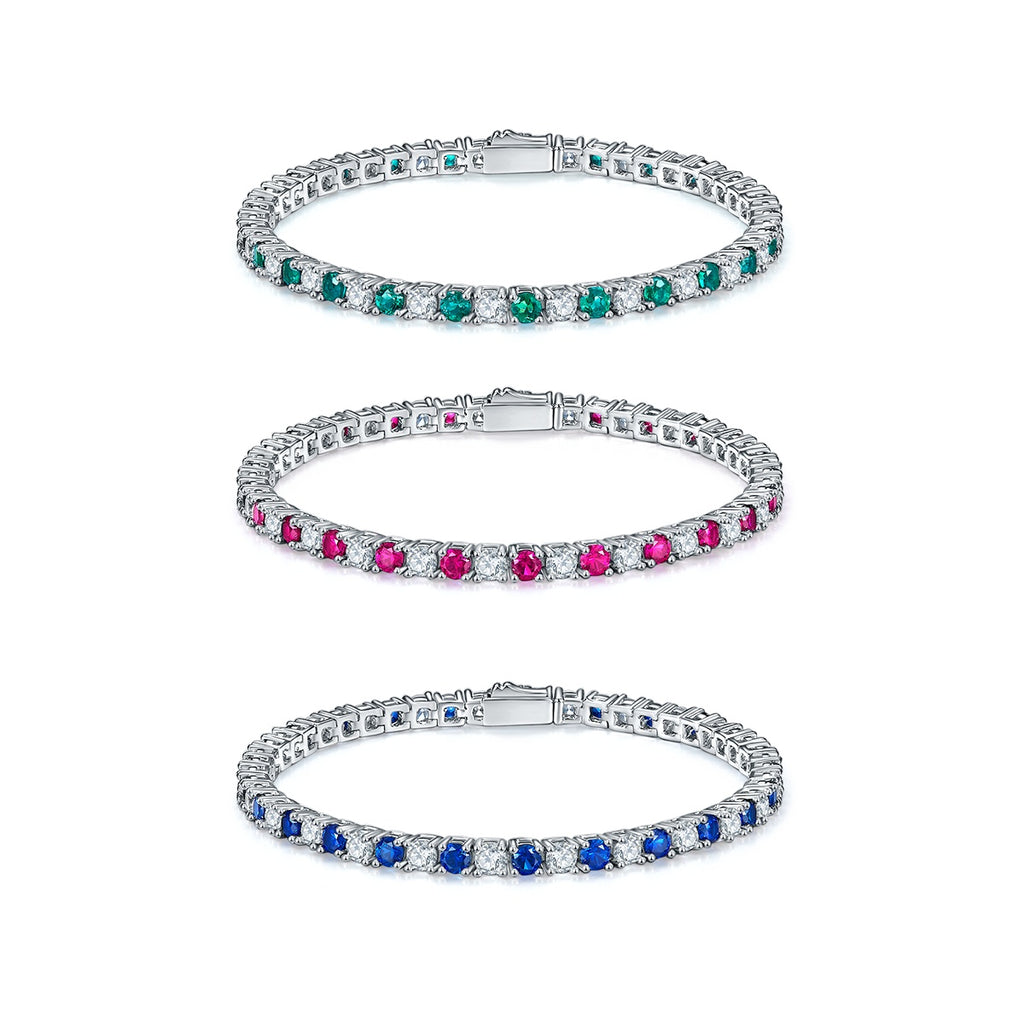 Bracelet Tennis en Argent S925 3x3mm Pierres Synthétiques Rouge Bleu Vert 16,5cm