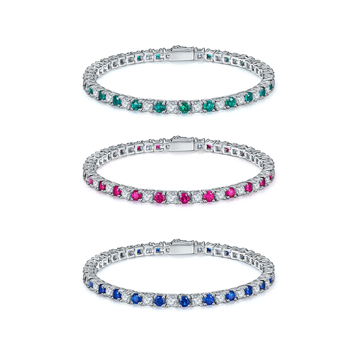 Bracelet Tennis en Argent S925 3x3mm Pierres Synthétiques Rouge Bleu Vert 16,5cm