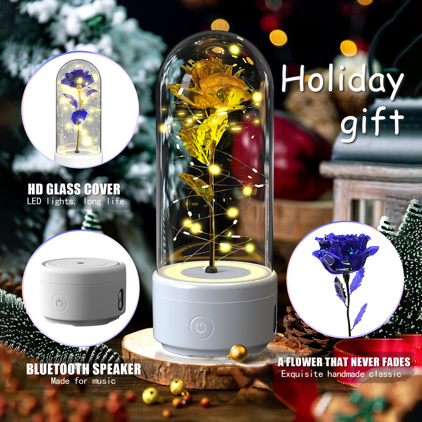 Lampe LED 2 en 1 Créative Rose Éternelle et Enceinte Bluetooth, Cadeau Saint-Valentin - IVOIRART.COM