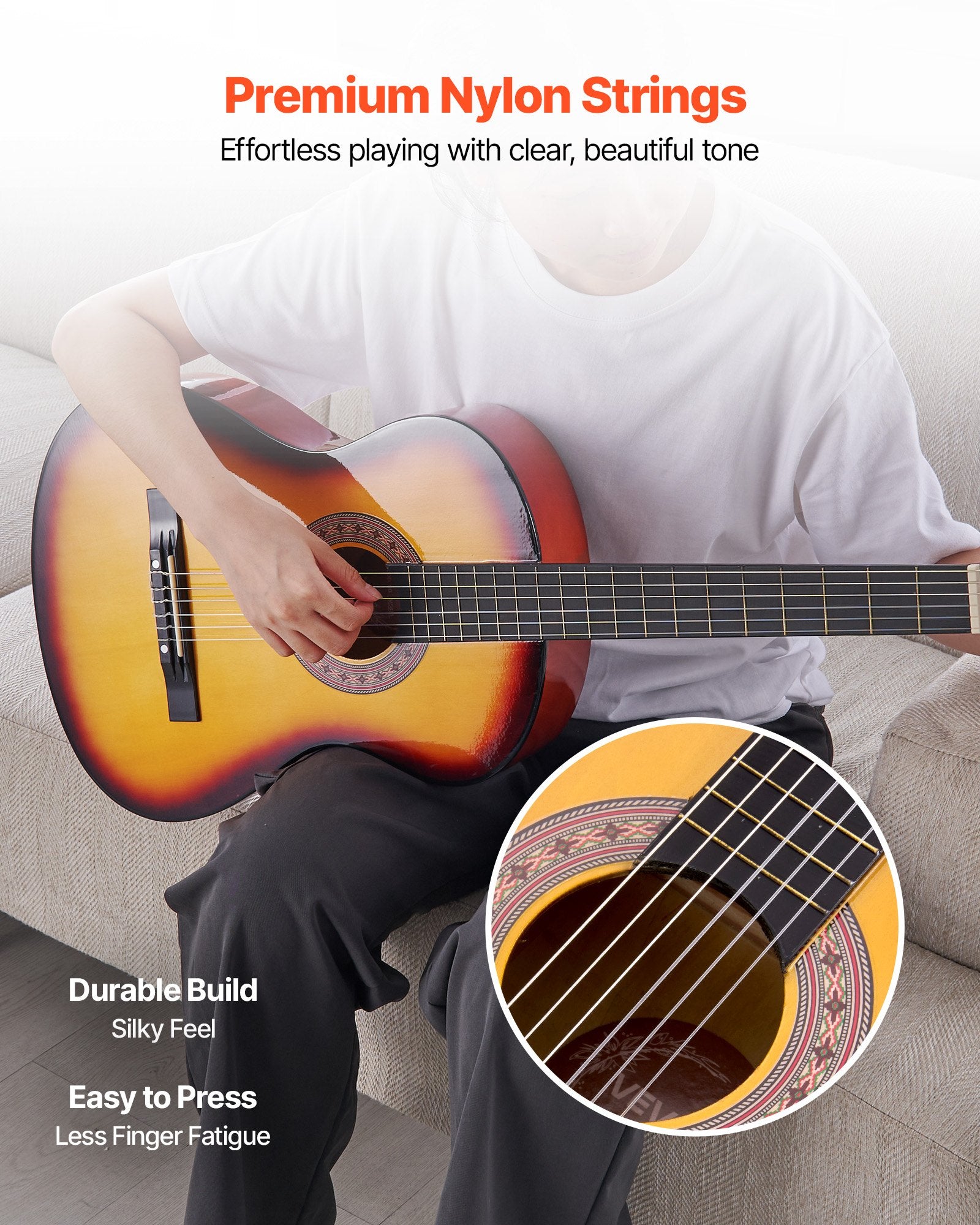 Guitare Classique 38 pouces – Kit de démarrage en bois pour débutants, cordes nylon, étui, sangle, accordeur, corde supplémentaire, médiator, Capo, bois tilleul, finition Sunburst