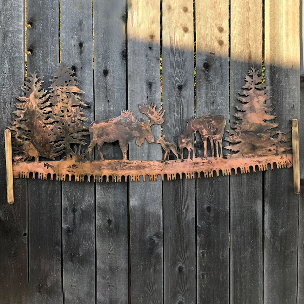 Nouvelle décoration murale en métal scie à coupe transversale orignal en élan sur arbre