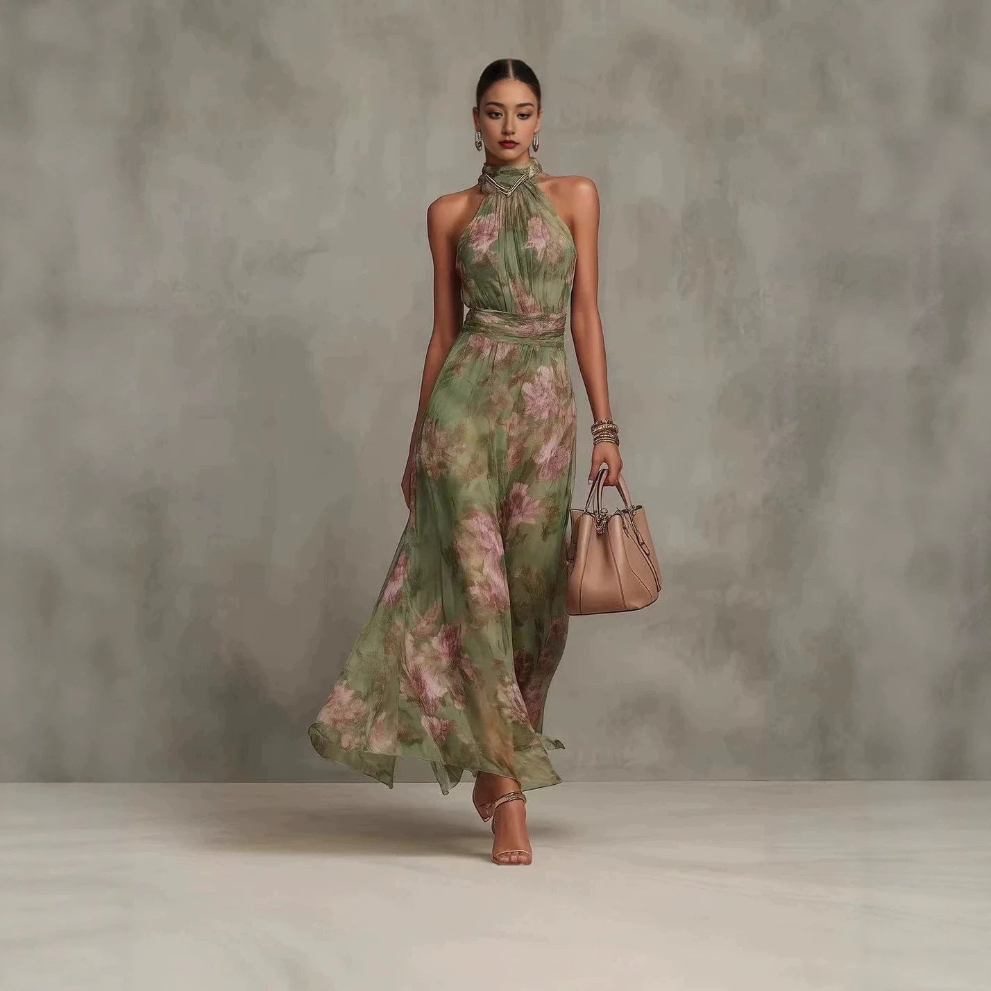 Robe maxi en mousseline imprimée à porter suspendue au cou, sans manches