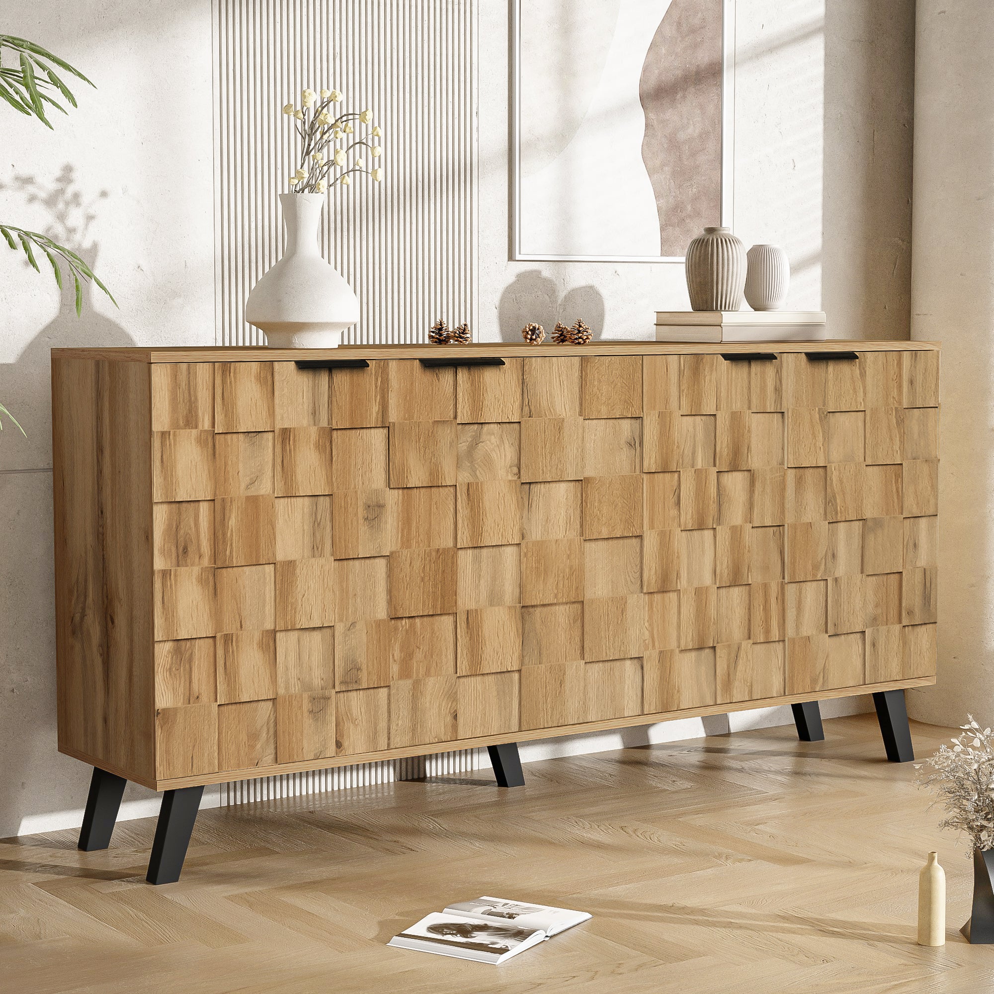 Modern Sideboard With 4 Doors, 150 X 35 X 78 Cm  Practical Design For Living Room, Bedroom, And Dining Room Color May Vary Slightly Depending On Lighting