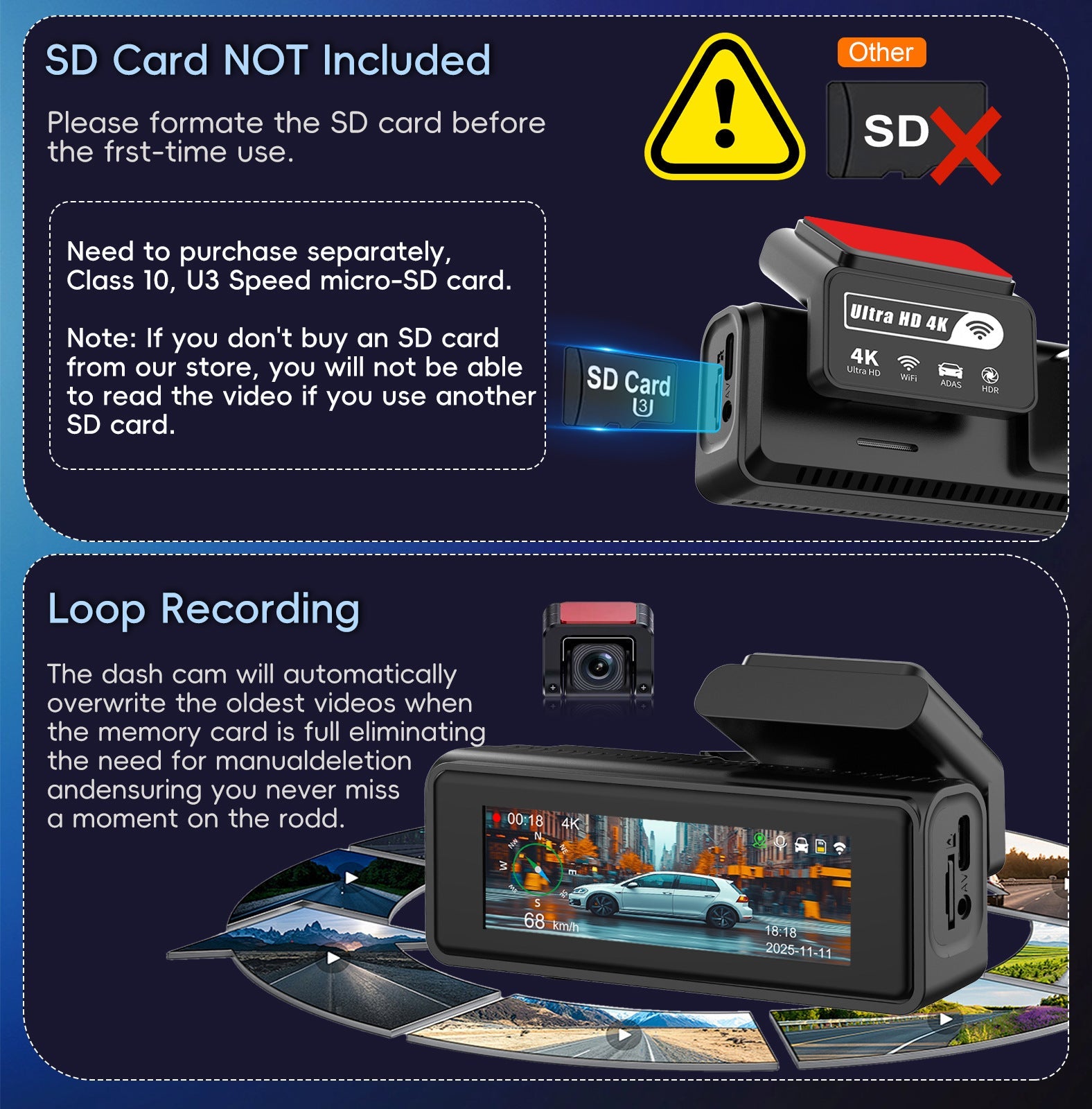 Caméra de tableau de bord double 4K avec vision nocturne GPS et surveillance 24h - IVOIRART.COM
