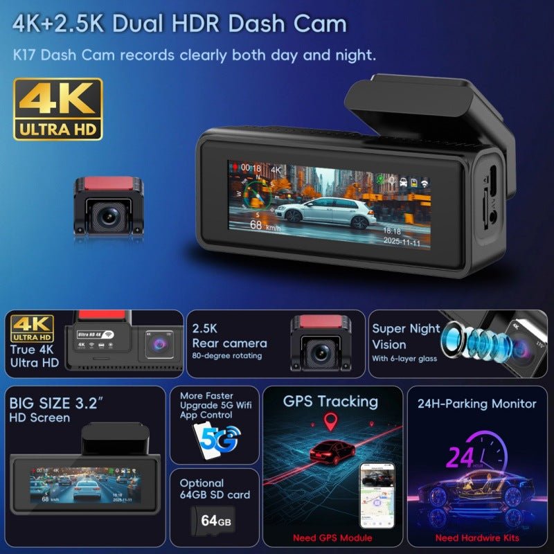 Caméra de tableau de bord double 4K avec vision nocturne GPS et surveillance 24h - IVOIRART.COM