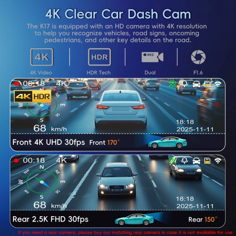 Caméra de tableau de bord double 4K avec vision nocturne GPS et surveillance 24h - IVOIRART.COM