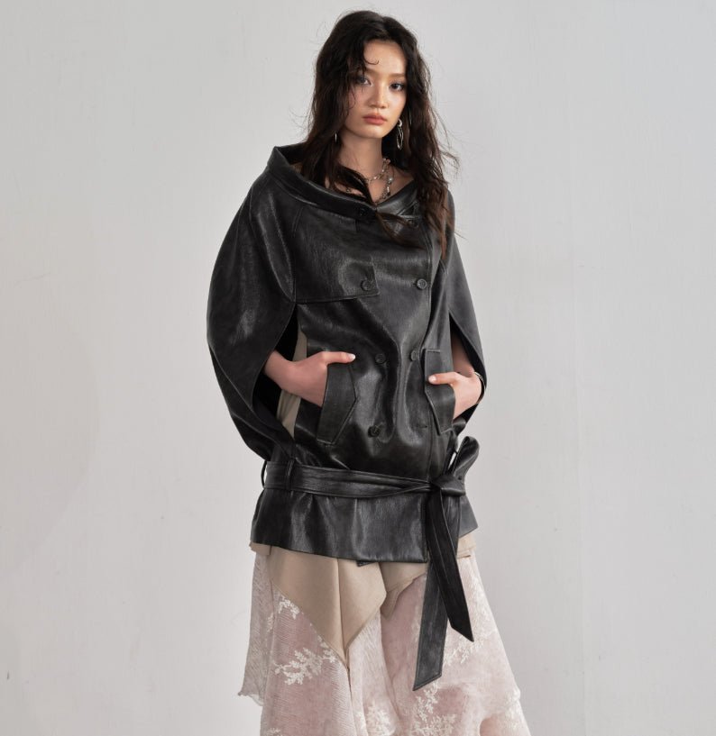 Cape - Veste style manteau en cuir PU marron ébène pour un look audacieux - IVOIRART.COM
