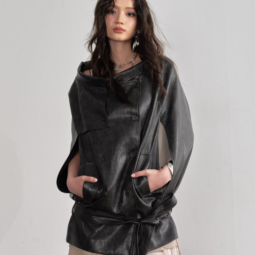Cape - Veste style manteau en cuir PU marron ébène pour un look audacieux - IVOIRART.COM