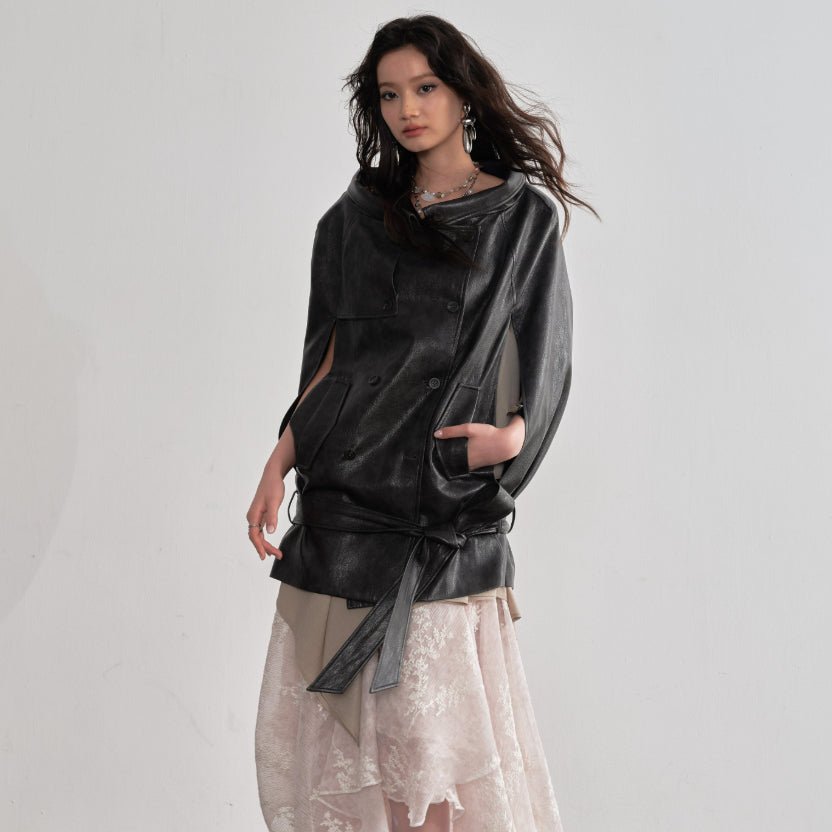 Cape - Veste style manteau en cuir PU marron ébène pour un look audacieux - IVOIRART.COM
