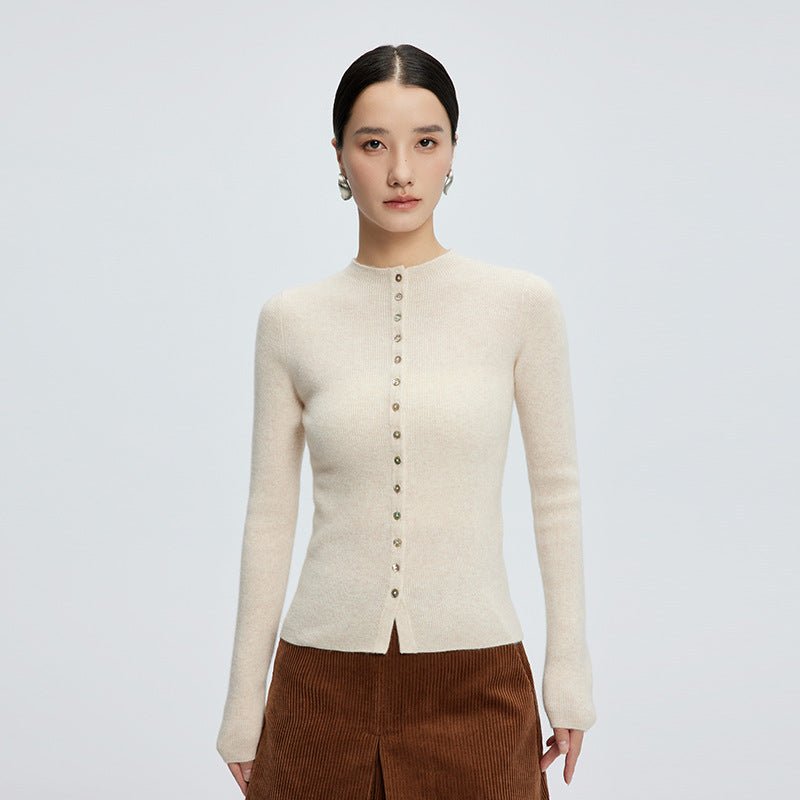 Cardigan col montant mi-haut en cachemire pour femme, coupe slim, pull court fin - IVOIRART.COM
