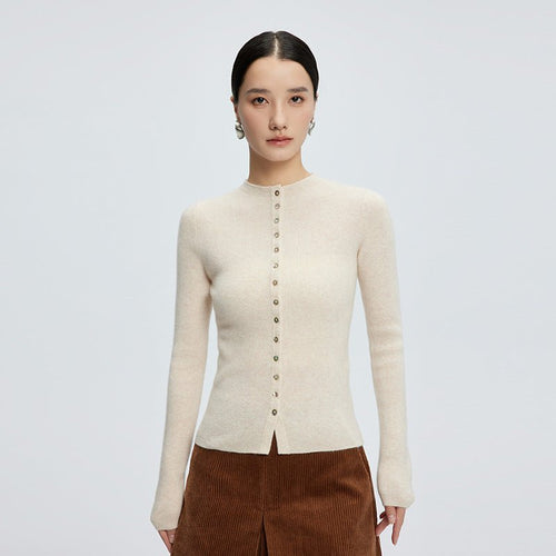 Cardigan col montant mi-haut en cachemire pour femme, coupe slim, pull court fin - IVOIRART.COM