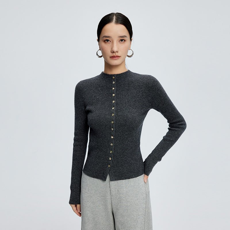 Cardigan col montant mi-haut en cachemire pour femme, coupe slim, pull court fin - IVOIRART.COM