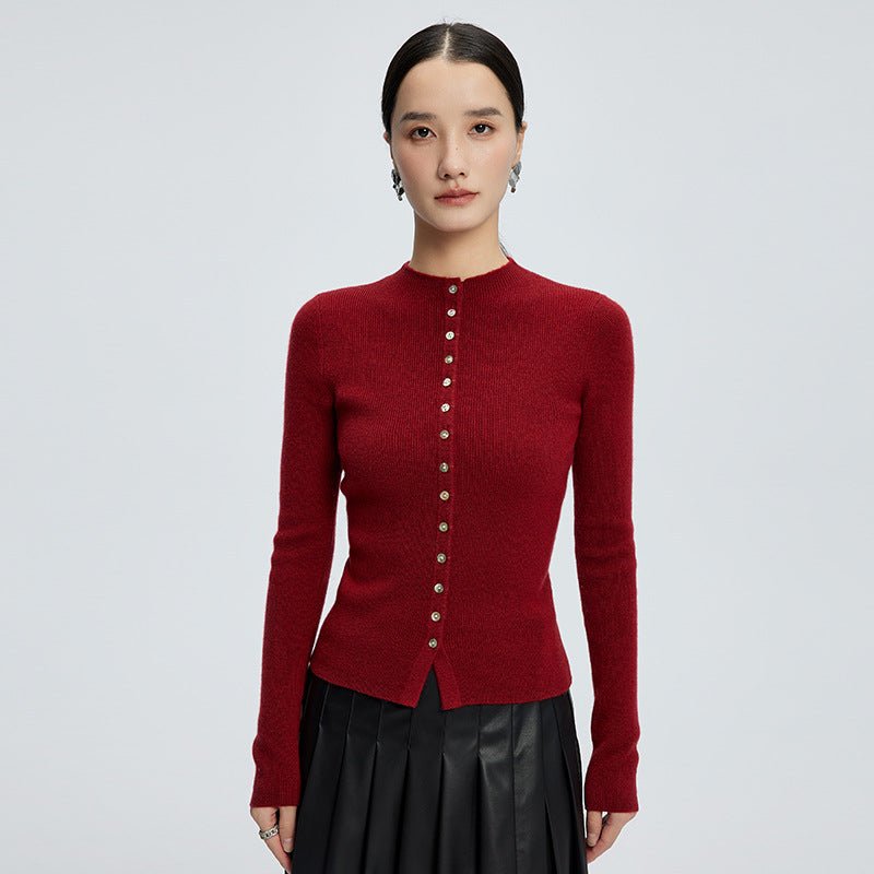 Cardigan col montant mi-haut en cachemire pour femme, coupe slim, pull court fin - IVOIRART.COM