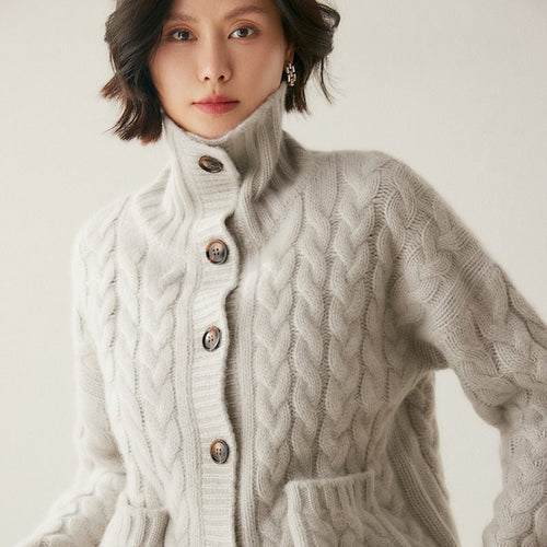 Cardigan col roulé cachemire style français pour femmes - Loose, camel, M/L chic - IVOIRART.COM
