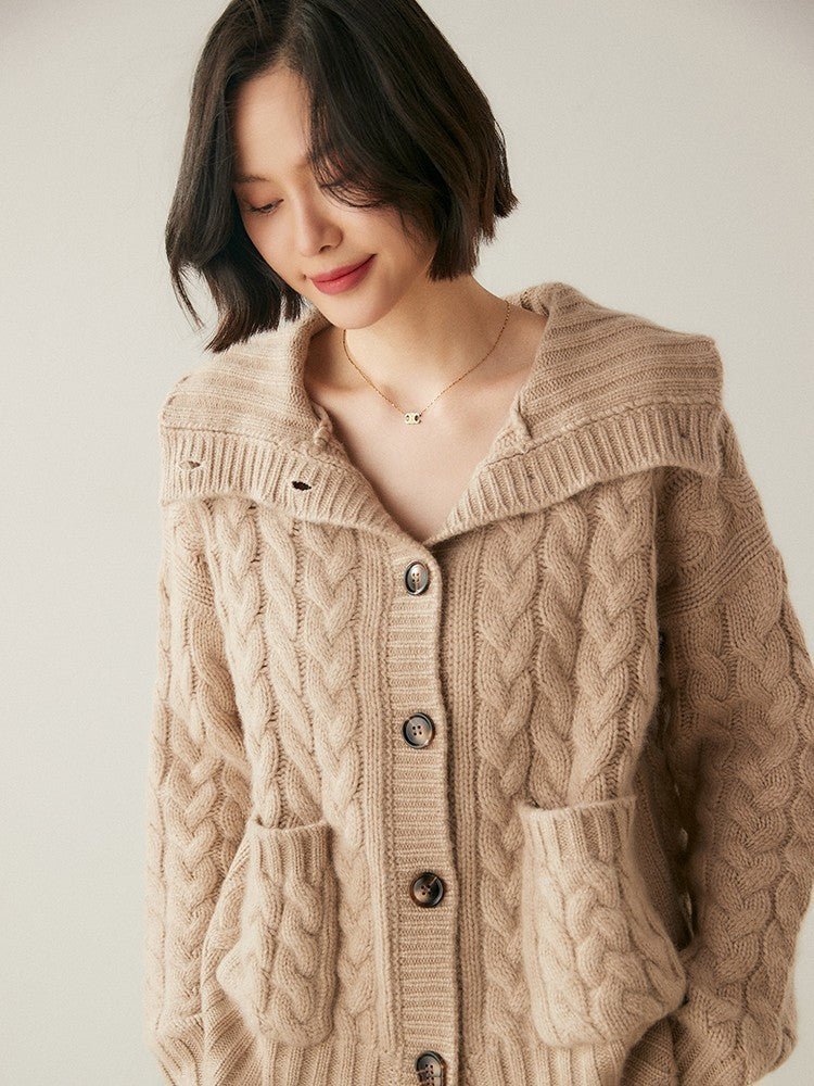 Cardigan col roulé cachemire style français pour femmes - Loose, camel, M/L chic - IVOIRART.COM