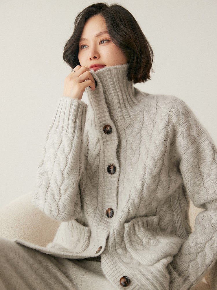 Cardigan col roulé cachemire style français pour femmes - Loose, camel, M/L chic - IVOIRART.COM