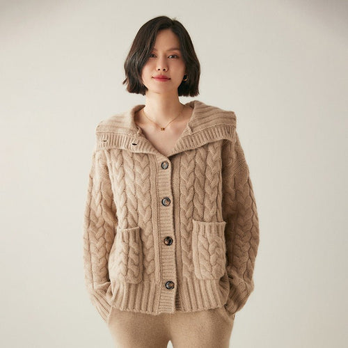 Cardigan col roulé cachemire style français pour femmes - Loose, camel, M/L chic - IVOIRART.COM