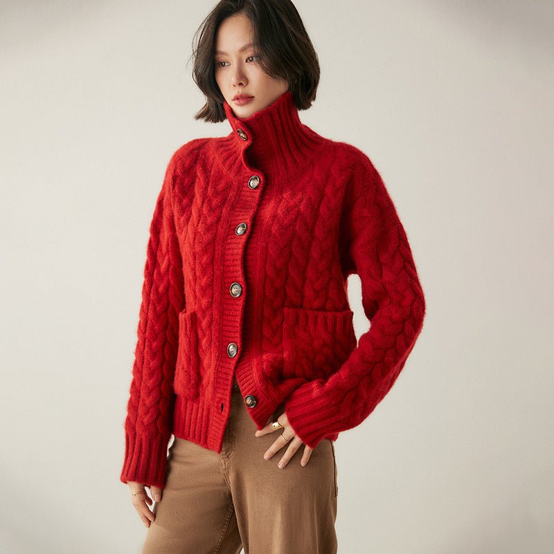 Cardigan col roulé cachemire style français pour femmes - Loose, camel, M/L chic - IVOIRART.COM