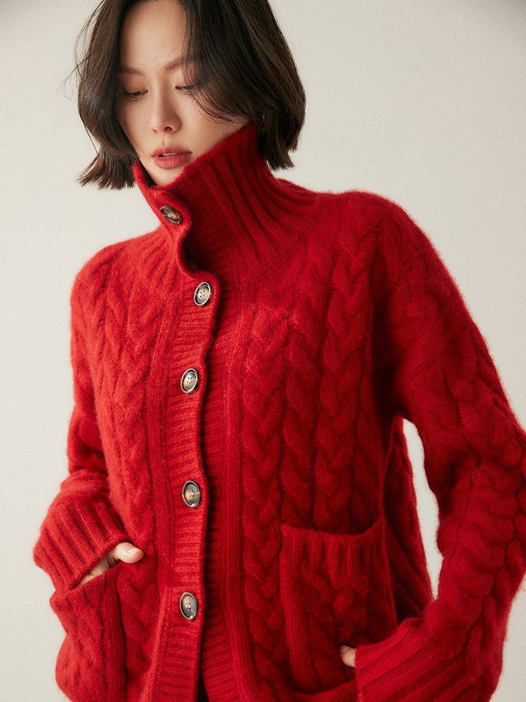Cardigan col roulé cachemire style français pour femmes - Loose, camel, M/L chic - IVOIRART.COM