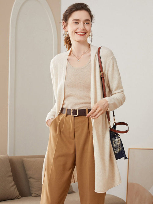 Cardigan côtelé en cachemire pour femme, mi-long, manches longues, style élégant - IVOIRART.COM