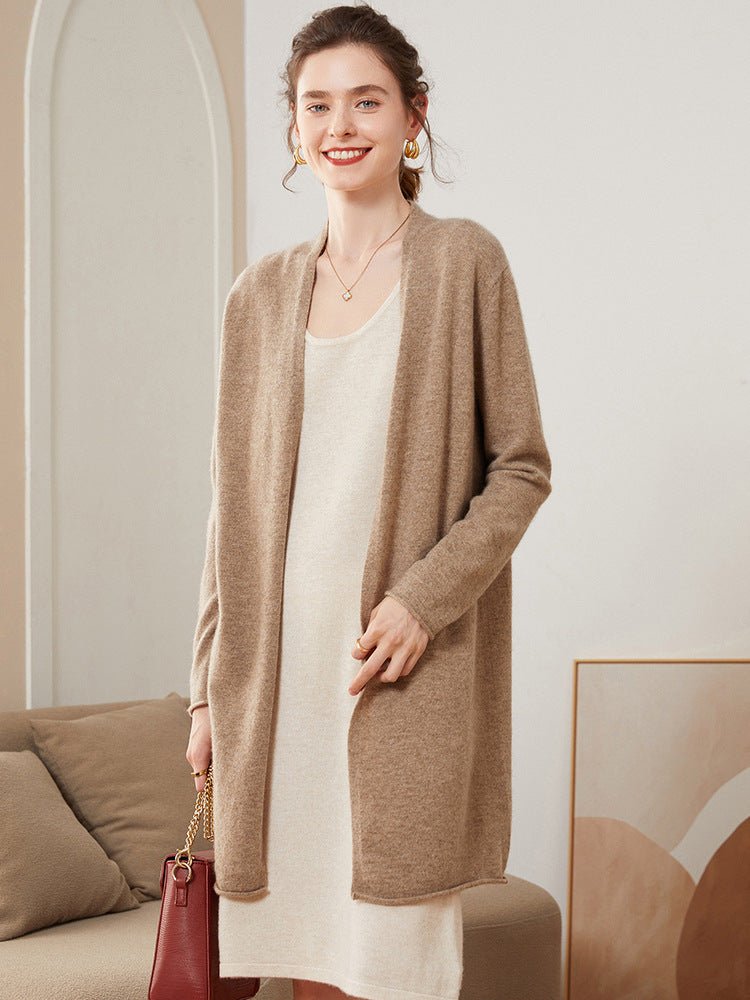 Cardigan côtelé en cachemire pour femme, mi-long, manches longues, style élégant - IVOIRART.COM