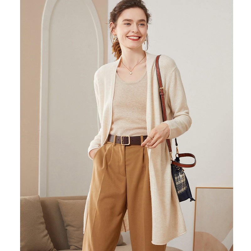 Cardigan côtelé en cachemire pour femme, mi-long, manches longues, style élégant - IVOIRART.COM