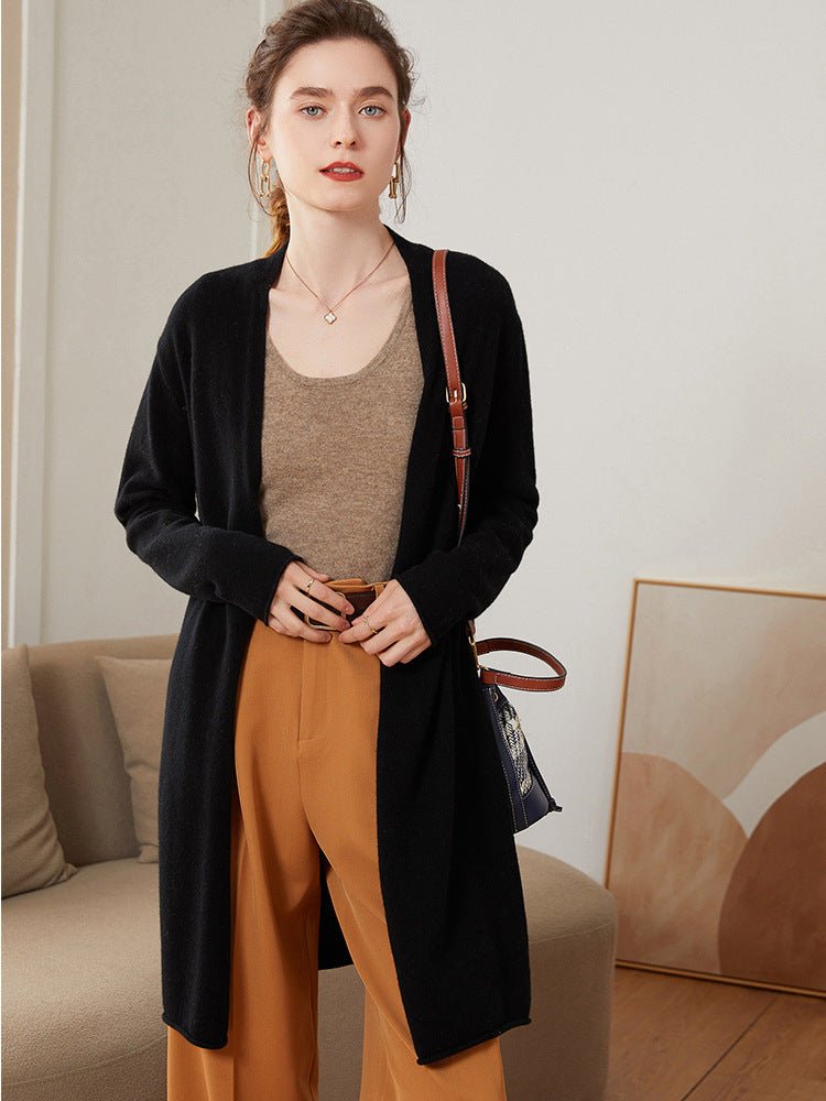 Cardigan côtelé en cachemire pour femme, mi-long, manches longues, style élégant - IVOIRART.COM