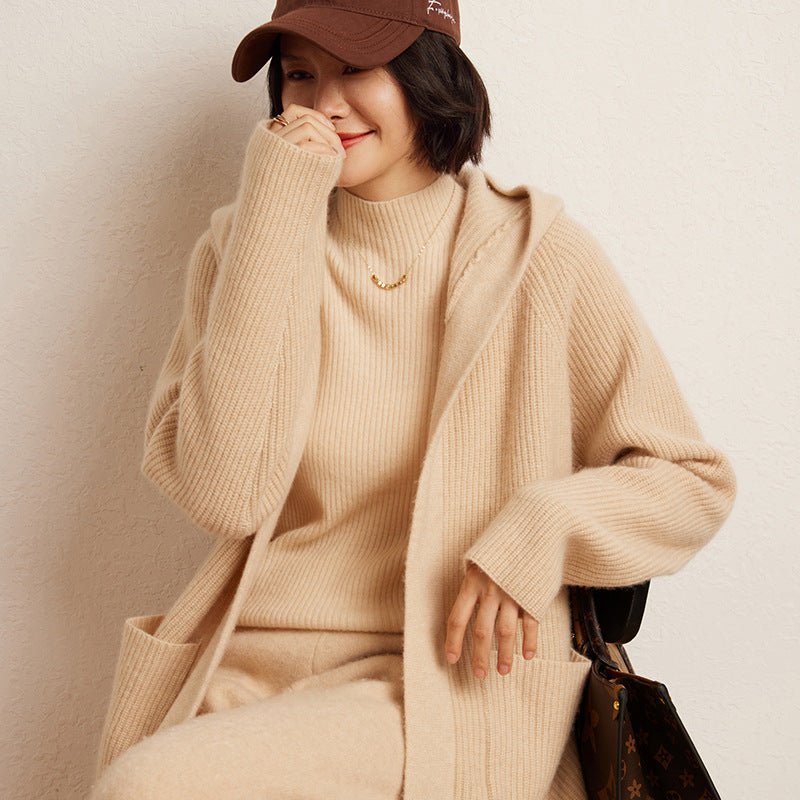 Cardigan en cachemire double-face à capuche, loose, automne-hiver, taille unique. - IVOIRART.COM