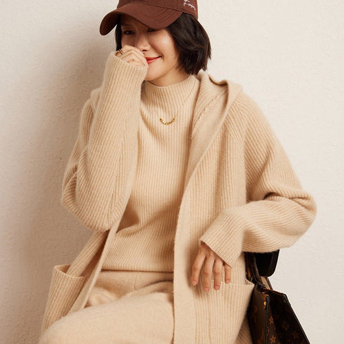 Cardigan en cachemire double-face à capuche, loose, automne-hiver, taille unique. - IVOIRART.COM