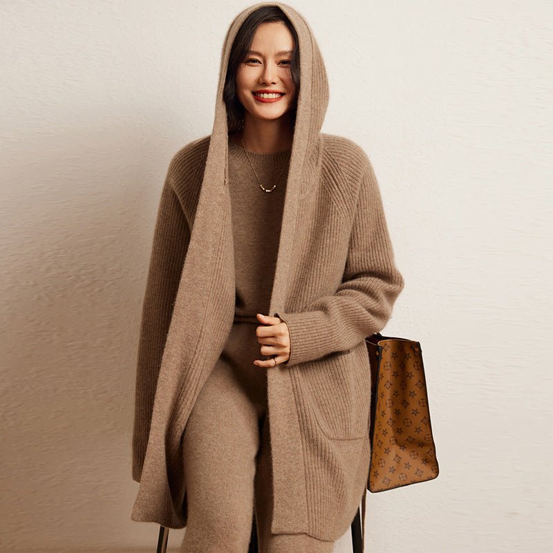 Cardigan en cachemire double-face à capuche, loose, automne-hiver, taille unique. - IVOIRART.COM