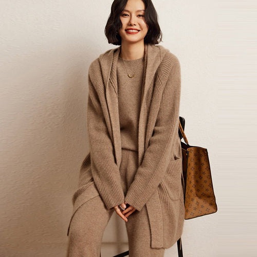 Cardigan en cachemire double-face à capuche, loose, automne-hiver, taille unique. - IVOIRART.COM