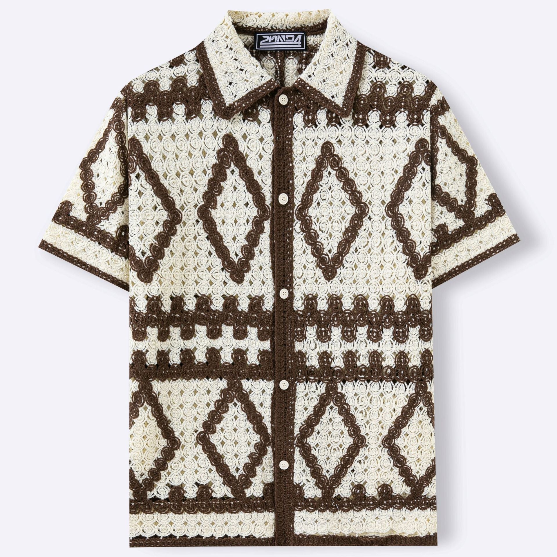 Cardigan homme rétro à motif losange embossé — manches courtes, coupe loose grande - IVOIRART.COM