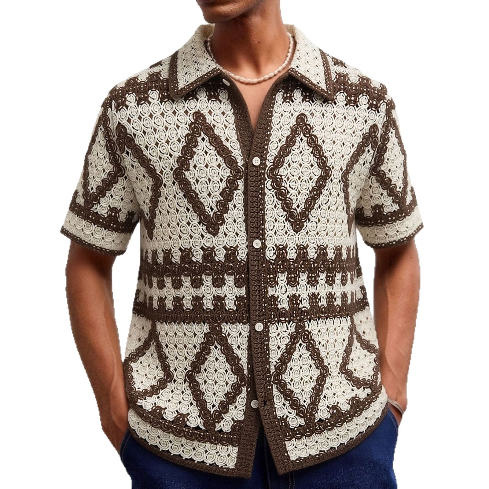 Cardigan homme rétro à motif losange embossé — manches courtes, coupe loose grande - IVOIRART.COM