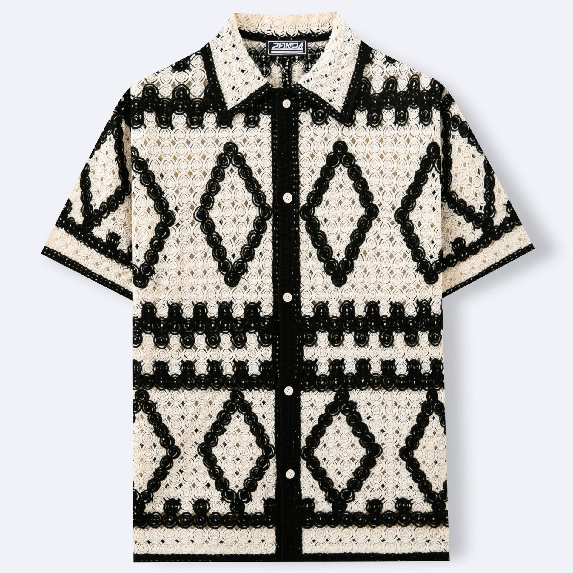 Cardigan homme rétro à motif losange embossé — manches courtes, coupe loose grande - IVOIRART.COM