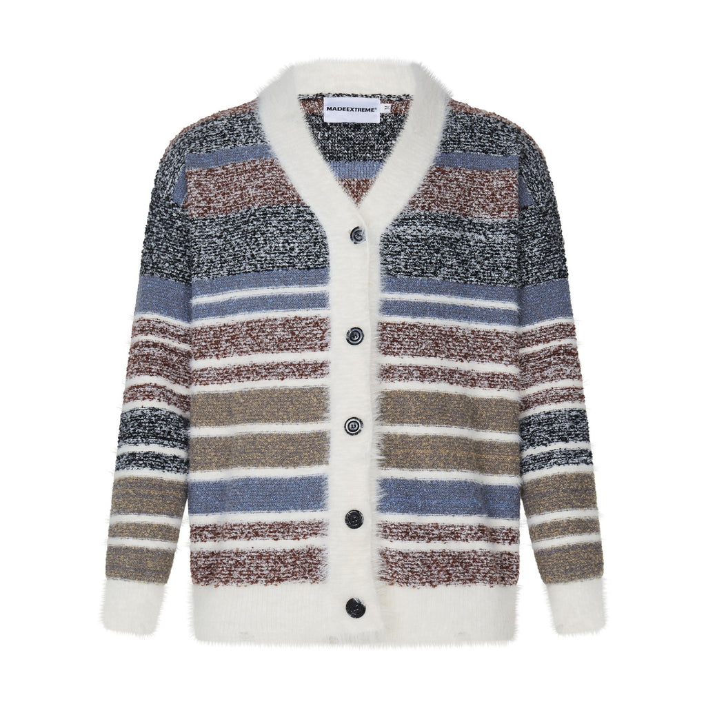 Cardigan rayé dopamine pour couple - Mohair synthétique doux style campus automne - IVOIRART.COM