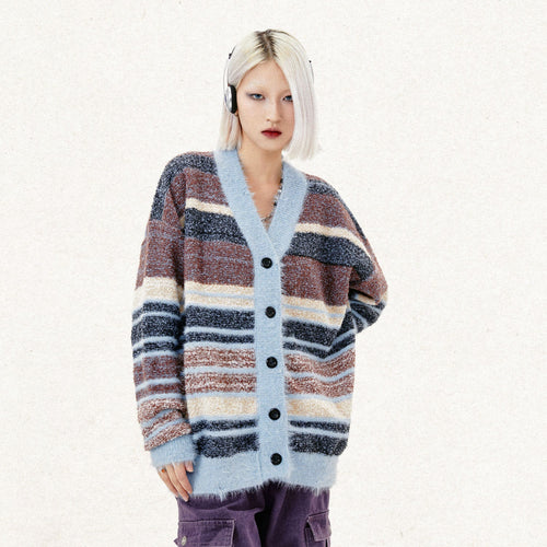 Cardigan rayé dopamine pour couple - Mohair synthétique doux style campus automne - IVOIRART.COM