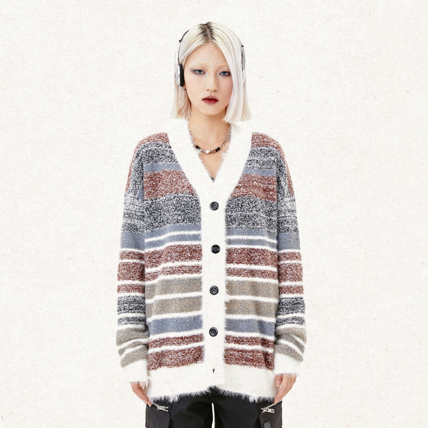 Cardigan rayé dopamine pour couple - Mohair synthétique doux style campus automne - IVOIRART.COM