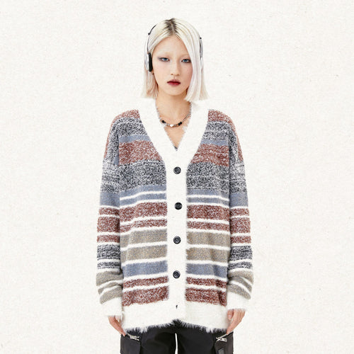 Cardigan rayé dopamine pour couple - Mohair synthétique doux style campus automne - IVOIRART.COM