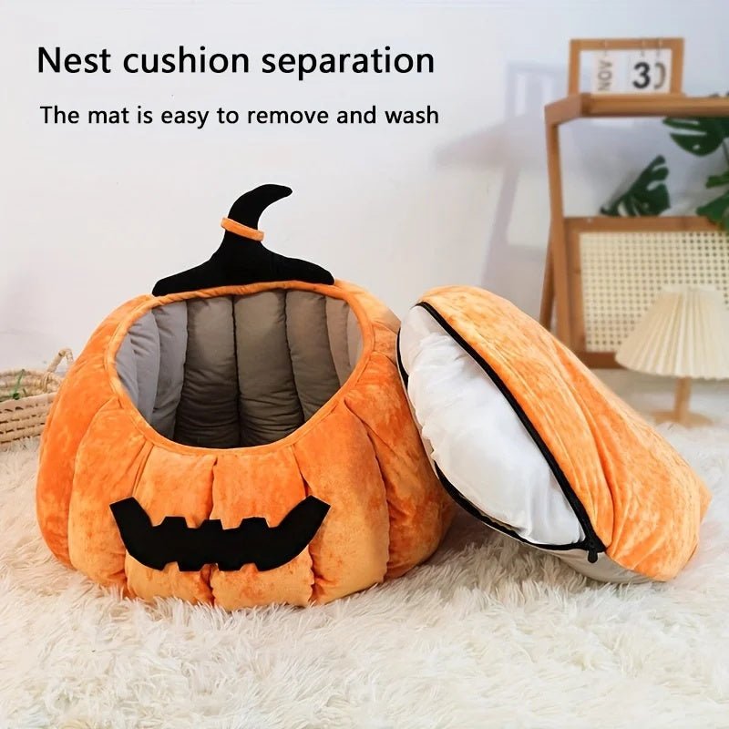 Cat Bed Cozy Halloween Pumpkin Pet Bed Warm Cartoon Devil Design Soft Plush Pet Nest For Cats & Small Dogs Winter Fall - IVOIRART.COM