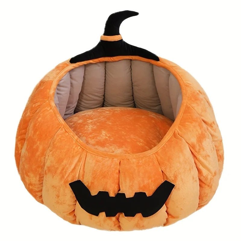 Cat Bed Cozy Halloween Pumpkin Pet Bed Warm Cartoon Devil Design Soft Plush Pet Nest For Cats & Small Dogs Winter Fall - IVOIRART.COM
