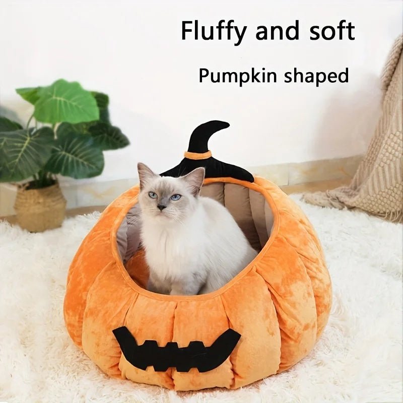 Cat Bed Cozy Halloween Pumpkin Pet Bed Warm Cartoon Devil Design Soft Plush Pet Nest For Cats & Small Dogs Winter Fall - IVOIRART.COM