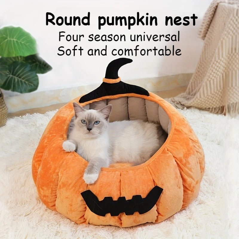 Cat Bed Cozy Halloween Pumpkin Pet Bed Warm Cartoon Devil Design Soft Plush Pet Nest For Cats & Small Dogs Winter Fall - IVOIRART.COM