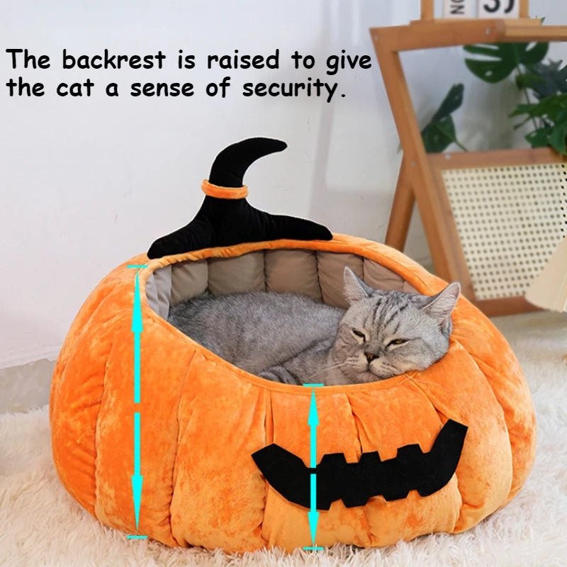 Cat Bed Cozy Halloween Pumpkin Pet Bed Warm Cartoon Devil Design Soft Plush Pet Nest For Cats & Small Dogs Winter Fall - IVOIRART.COM