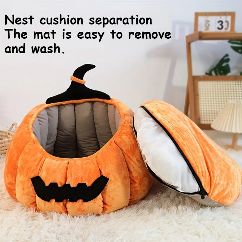 Cat Bed Cozy Halloween Pumpkin Pet Bed Warm Cartoon Devil Design Soft Plush Pet Nest For Cats & Small Dogs Winter Fall - IVOIRART.COM