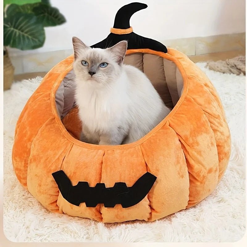 Cat Bed Cozy Halloween Pumpkin Pet Bed Warm Cartoon Devil Design Soft Plush Pet Nest For Cats & Small Dogs Winter Fall - IVOIRART.COM
