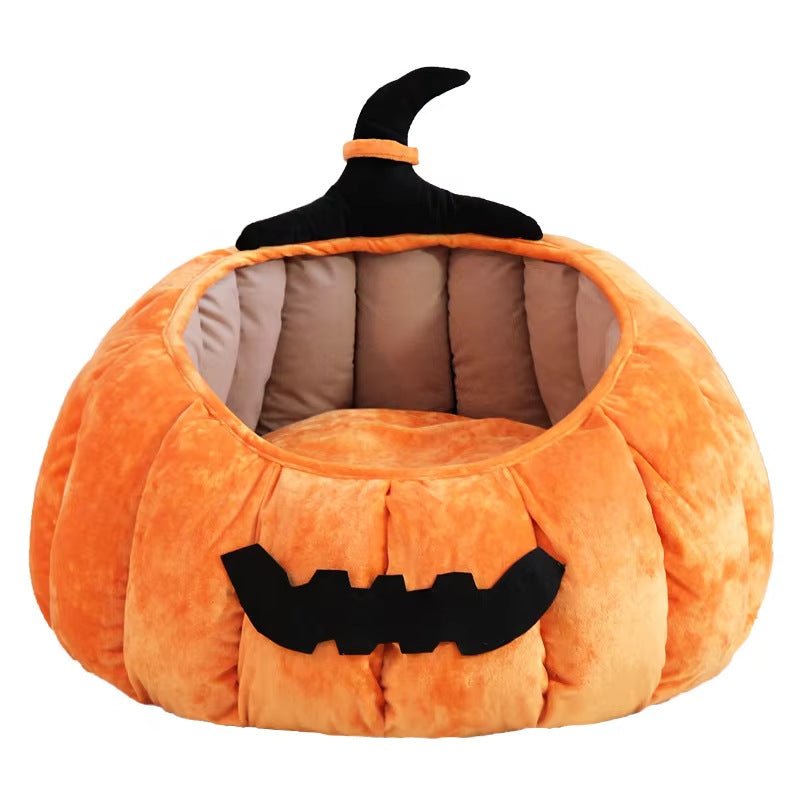 Cat Bed Cozy Halloween Pumpkin Pet Bed Warm Cartoon Devil Design Soft Plush Pet Nest For Cats & Small Dogs Winter Fall - IVOIRART.COM