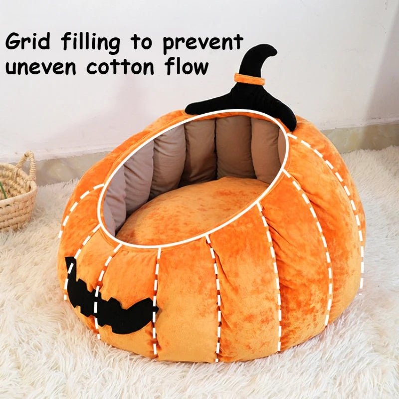 Cat Bed Cozy Halloween Pumpkin Pet Bed Warm Cartoon Devil Design Soft Plush Pet Nest For Cats & Small Dogs Winter Fall - IVOIRART.COM
