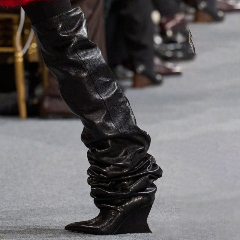 Catwalk Pleated Over-the-knee Boots Female Pointed Toe Wedge High-heel Boots - IVOIRART.COM