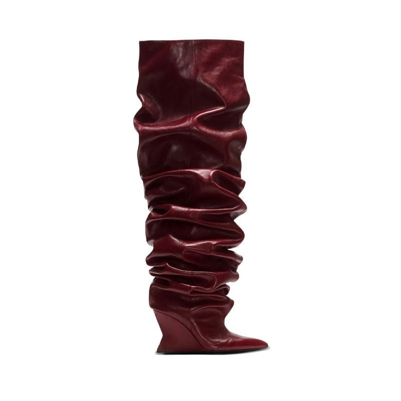 Catwalk Pleated Over-the-knee Boots Female Pointed Toe Wedge High-heel Boots - IVOIRART.COM