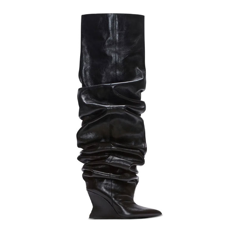 Catwalk Pleated Over-the-knee Boots Female Pointed Toe Wedge High-heel Boots - IVOIRART.COM